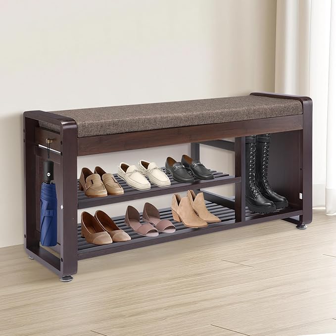 Bamboo Shoe Storage Bench, 3-Tier Shoe Rack with Padded Seat Cushion, Shoe Organizer Shelves for Entryway, Living Room, Bedroom, Hallway, Grey 37.4”