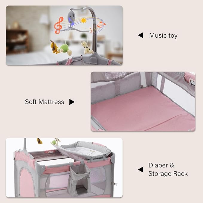 5 in 1 Baby Crib,Bedside Sleeper,Bassinet,Pack and Play with Bassinet and Changing Table,Portable Travel Playpen Music Box,Portable Travel Crib for Infant Newborn (Pink Gray)