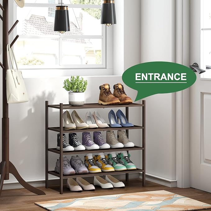 Shoe Rack for Entryway, Bamboo Wood Shoe Rack 4-Tier, Stackable Shoe Organizer for Closet, Free Standing Shoe Racks for Indoor & Outdoor