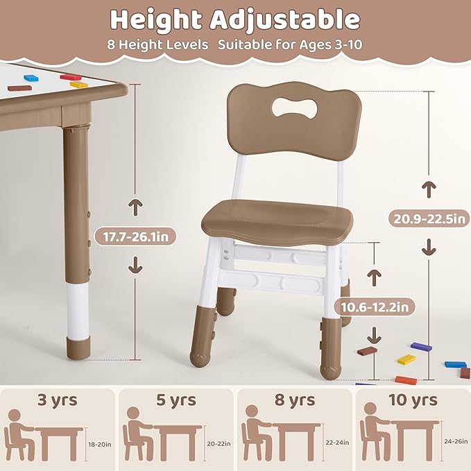 Kids Table and 4 Chairs Set, Height Adjustable (17.7"-26.1") Toddler Table and Chair Set, Multi-Activity Table with Graffiti Desktop, Children’s Table and Chairs for Classroom, Home & Daycare