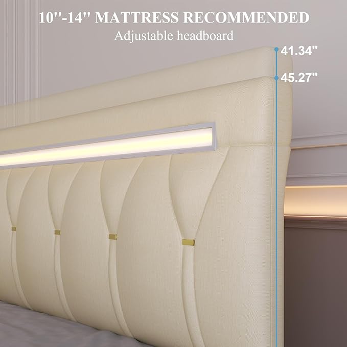Queen Size Bed Frame with LED Lights and Charging Station, Faux Leather Linen Fabric Adjustable Headboard,Modern Upholstered Bed, Sturdy Wood Slat Support, Easy Assemble, Beige