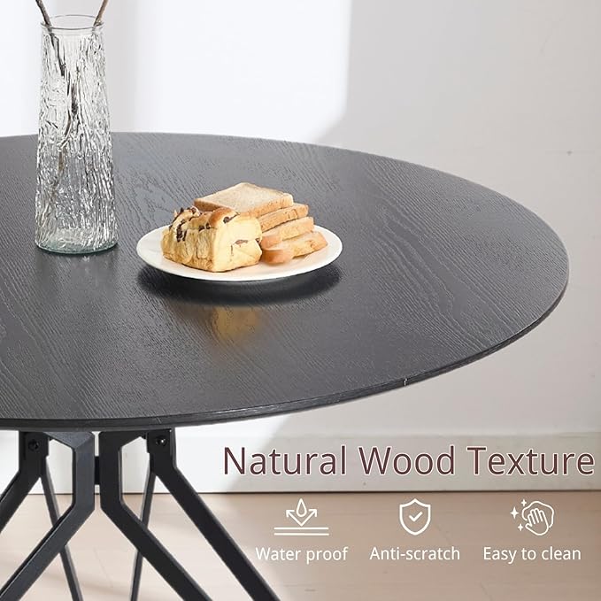 DUOMAY 47'' Round Dining Table for 4-6 Person, Mid-Century Modern Solid Wood Dining Room Table, Dinner Table with Intersecting Pedestal Metal Base for Kitchen, Office, Living Room, Black