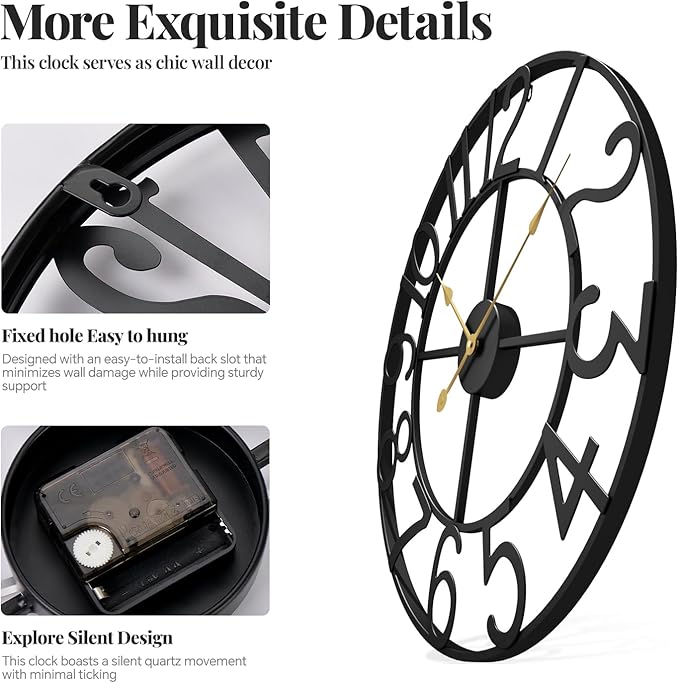 Large Wall Clock, 20 Inch Black Decorative Wall Clock for Living Room, Modern Metal Battery-Operated Arabic Numerals Round Clocks Silent Non Ticking for Kitchen Mantel Bedroom Office