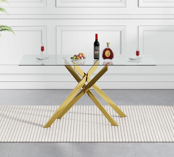 51" Rectangular Glass Dining Table Modern Kitchen Glass Top Table for 4 with Gold Metal Legs, Clear Dining Table Kitchen Table for Home Office Dining Room