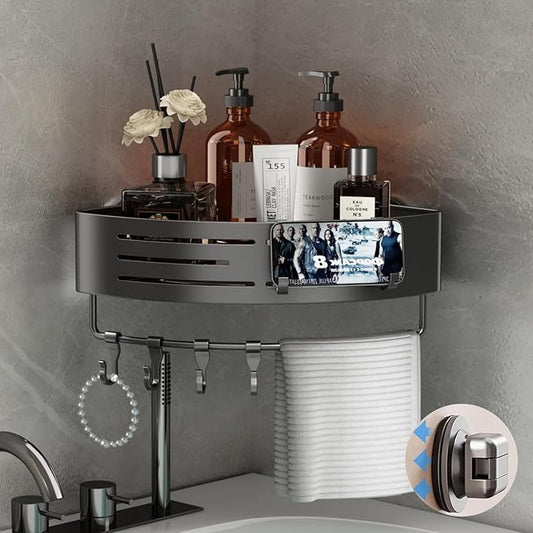 Voldra Corner Shower Caddy Suction Cup, 1 Pack Corner Shower Shelves No Drilling, Aluminum Upgrade Suction Cup Shower Organizer Corner with Towel Bar & Hooks Removable Bathroom Storage Rack(Gray)