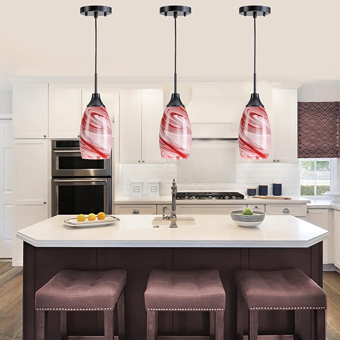 Mini Glass Pendant Light 4.72" with Handblown Burgundy Marble Art Glass Hanging Light 1-Pack Oval Ceiling Hanging Light Fixture for Dining Room Kitchen Island Cafe Foyer Hallway