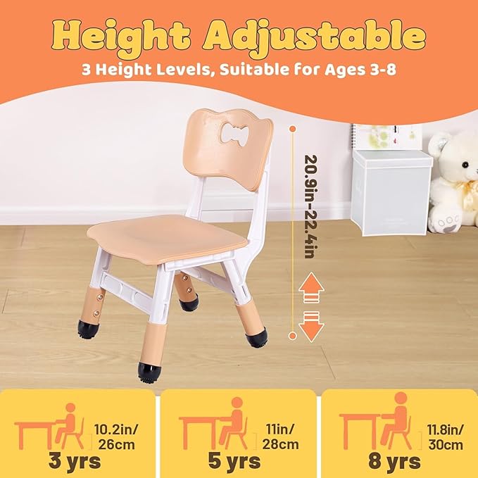 FUNLIO Adjustable Kids Chair (1pc), 3 Level Height Adjustable Toddler Chair for Ages 3-8, Sturdy Child Chairs with Maximum Bearing 220lbs, for Classrooms/Daycares/Homes, CPC & CE Approved - Natural