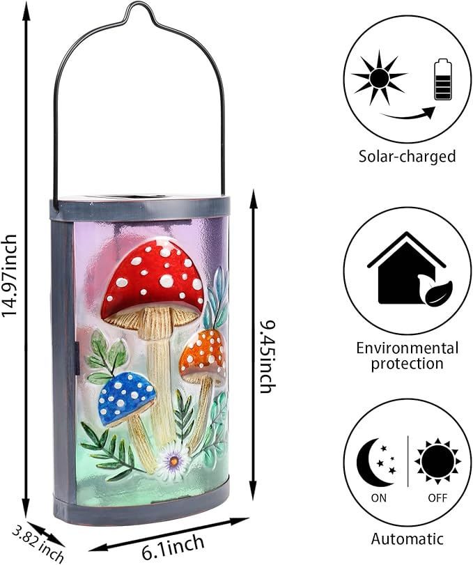 Hanging Solar Lantern Outdoor Waterproof Mushroom Solar Lights Glass Tabletop Decorative Lamp for Outdoor Patio Garden Outside Yard Decor
