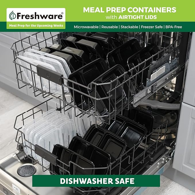Freshware Meal Prep Containers [15 Pack] 2 Compartment with Lids, Food Storage Containers, Bento Box, BPA Free, Stackable, Microwave/Dishwasher/Freezer Safe (28 oz)