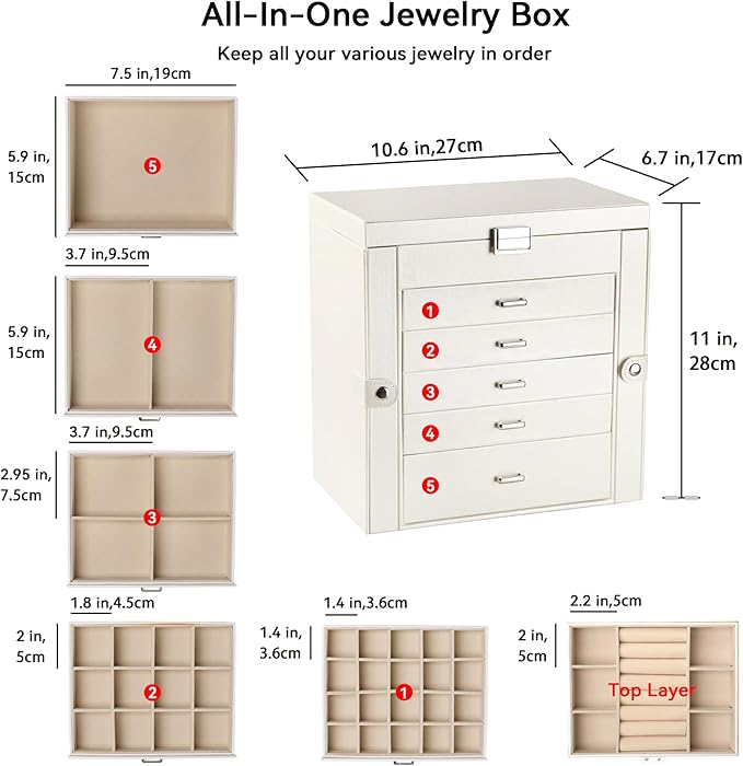 Frebeauty Large Jewelry Box,6-Tier PU Leather Jewelry Organizer,Multi-functional Storage Case with Mirror,Accessories Holder with 5 Drawers for Necklace Bracelets Watches(Pearl White)