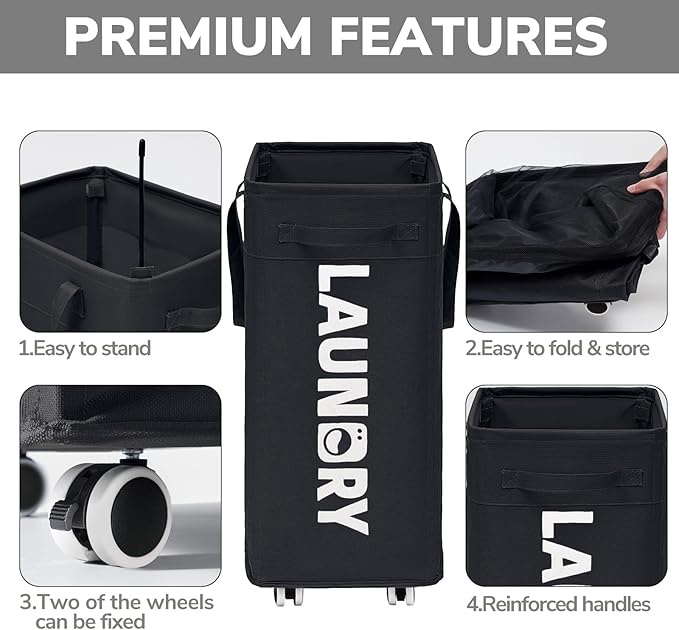 Goodpick Laundry Hamper with Wheels, 75L Dirty Clothes Hamper with Removable Wash Bag for Laundry Room, Black Rolling Laundry Basket