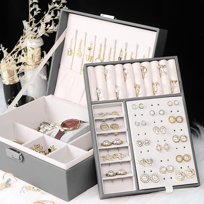 Jewelry Box for Women Girls, 2 Layers Jewelry Organizer Container with Lock, PU Leather Storage Case with Removable Tray, Jewelry Display Box for Necklaces Earrings Bracelets Rings Watches (Grey)