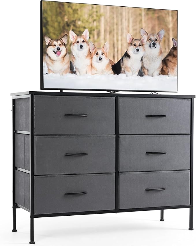 Sweetcrispy 6 Drawer Dresser for Bedroom, Fabric Chest of Drawers Dressers, Storage Tower Unit with Fabric Bins, Bedroom Dresser for Closet, Living Room, Hallway, Wood Top, Steel Frame, Grey