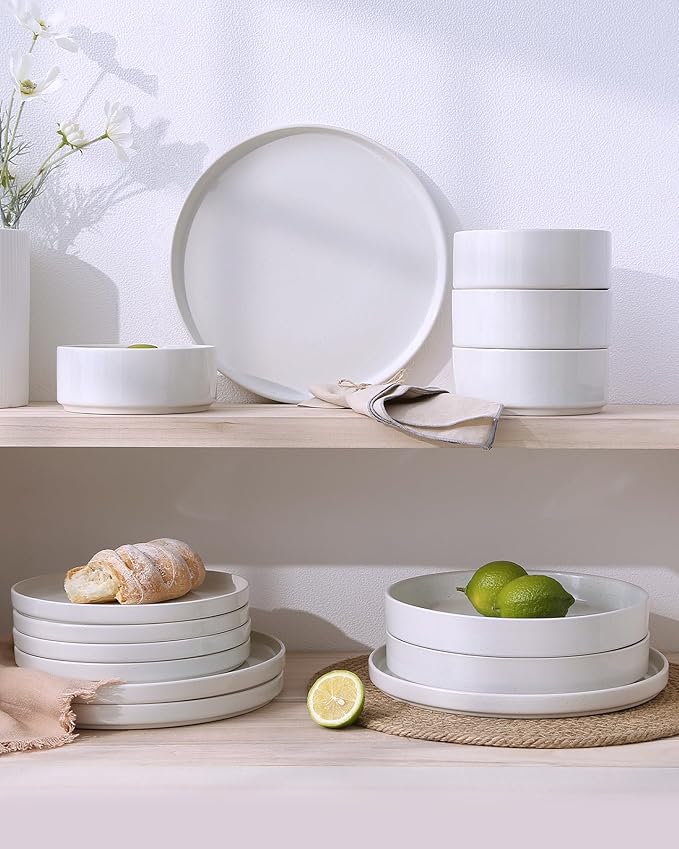 Famiware Nebula Plates and Bowls Set, 12 Pieces Dinnerware Sets, Dishes Set for 4, White