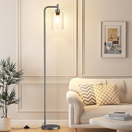 Floor Lamps for Living Room - Industrial Standing Lamp with Glass Shade, Modern Grey Floor Lamp with LED Bulb, Farmhouse Floor Lamp for Bedroom, Tall Lamp for Office - Grey