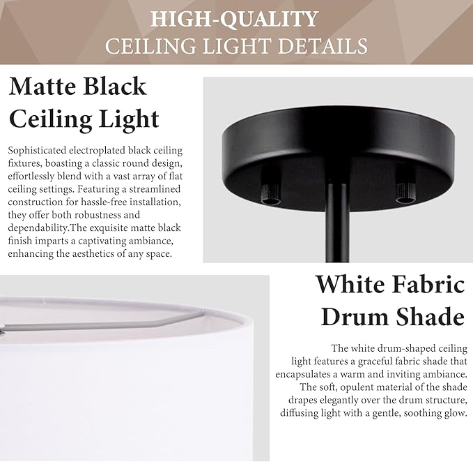 3-Light Semi Flush Mount Ceiling Light Fixture, 13" Black Drum Light, Modern Close to Ceiling Light with White Fabric Shade Lamps for Bedroom Living Dining Room Kitchen Hallway Entryway