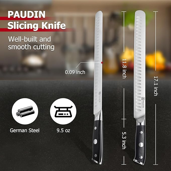 PAUDIN Carving Knife, 12 Inch Brisket Knife, Premium Slicing Knives with Granton Blade for Cutting Smoked Brisket, BBQ Meat, Turkey - Ergonomic G10 Handle