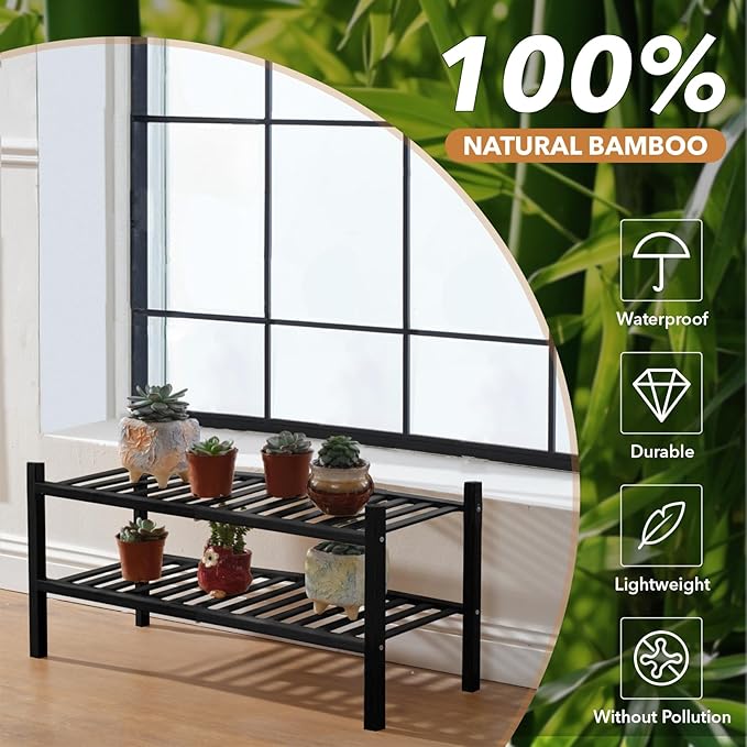 2 Tier Bamboo Shoe Rack Storage Organizer for Closet, Multifunctional Stackable Free Standing Shoe Shelf Organizer for Small Space,Entryway,Hallway,Bathroom 27"x11"x13" (Black, 2 Tier)