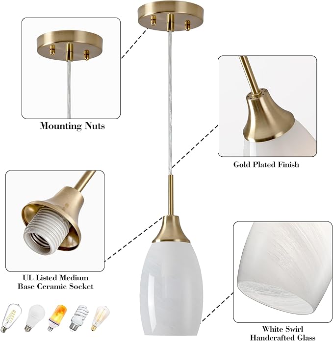 Mini Glass Pendant Light 3-Pack Handblown Art White Swirl Oval Glass Hanging Pendant Lamp 4.72" Glass Chandelier for Kitchen Island Dining Room Living Foyer Hallway Entry Brushed Gold Finish