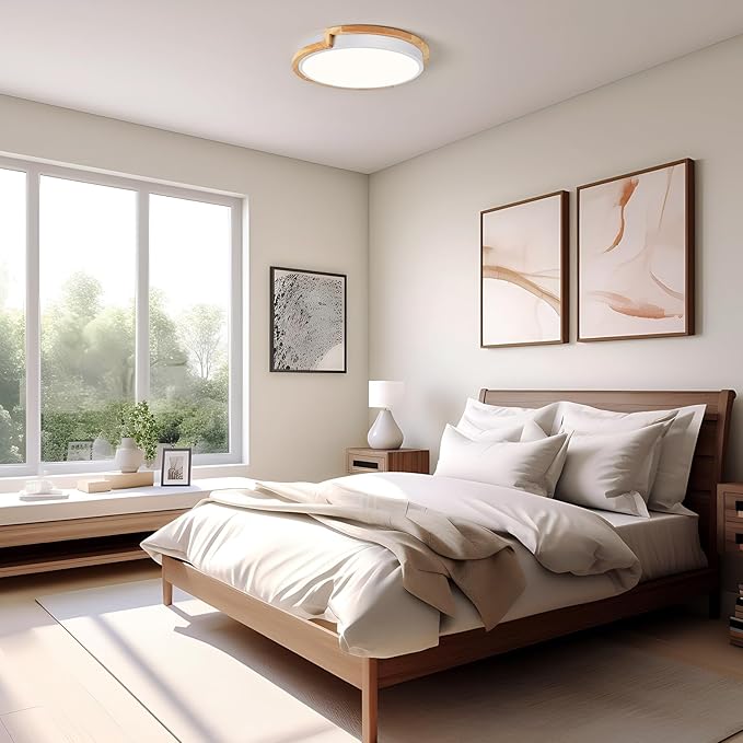 Modern LED Close to Ceiling Light, Round Shape Flush Mount Ceiling Lighting Fixture, Matte White with Wood Accent, Minimalist Kitchen Light Fixtures for Bedroom, Entryway, Laundry Room, 11.8in