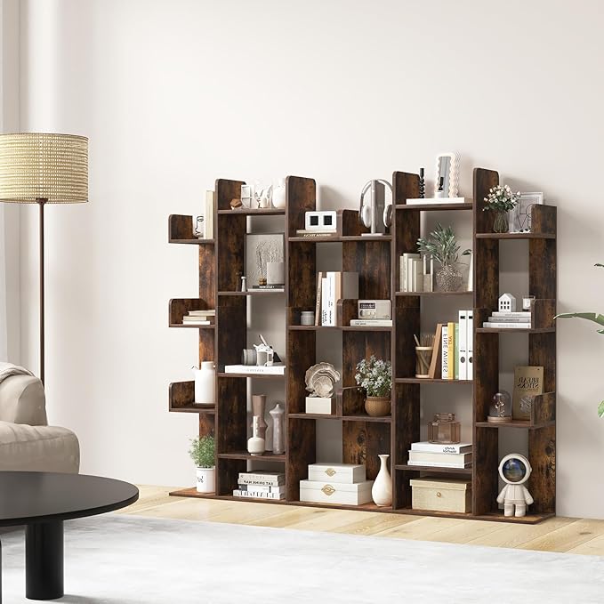 Tangkula Freestanding Tree Bookshelf, Corner Storage Organizer with 13 Open Shelves, Decorative Display Cube Shelf for Living Room, Study, Office, 34 x 9.5 x 55.5 Inch (1, Rustic Brown)