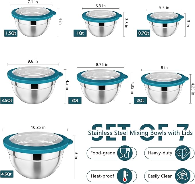 P&P CHEF Mixing Bowl with Lid Set of 7, Stainless Steel Nesting Salad Bowls for Cooking Serving Prepping, Clear Lids & Stackable Design, Size 4.6, 3.5, 3, 2, 1.5, 1, 0.7 Qt - Blue