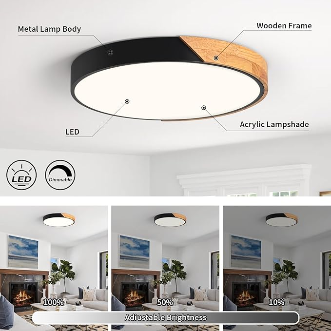 Modern Dimmable Black LED Ceiling Light, 2700 K - 6000 K 5CCT Wood Flush Mount Ceiling Lighting Fixtures, Minimalist Round Ceiling Lamp for Living Room Bedroom Kitchen Hallway（15.8in）
