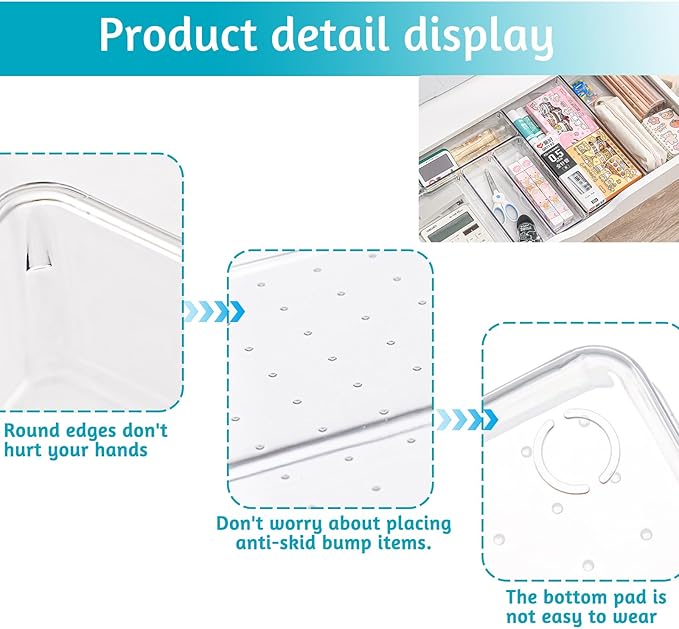 8 Pack Clear Drawer Organizer, 4 Sizes Organization and Storage Trays, Drawer Organizer Bins for Kitchen, Vanity, Bathroom, Office