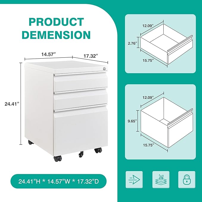 3 Drawer File Cabinet with Lock,Under Desk File Cabinet with Wheels,White Rolling File Cabinet,Three Drawer Metal Filing Cabinet for Home Office,Fit A4/Letter/Legal File,Fully Assembled Except Casters