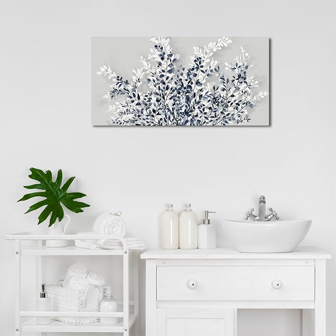 NINEASO Botanical Flowers Wall Art - Indigo Blue and White Floral Canvas Pictures Spring Blooming Painting Gray Background Printing Artwork Living Room Bedroom Home Office Wall Decor 20" x 40"