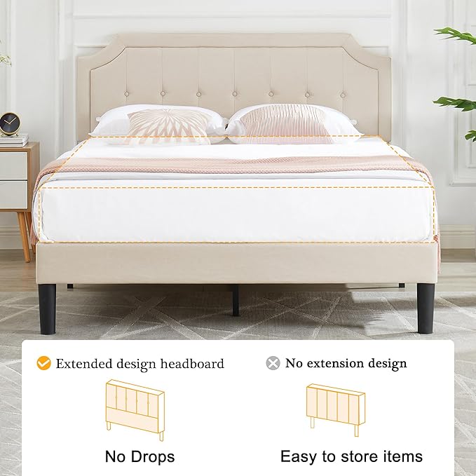 VECELO Full Upholstered Platform Bed Frame with Adjustable Button Stitched Panel Headboard,Strong Wood Slat Support,Velcro Design,Mattress Foundation/Easy Assembly,Beige