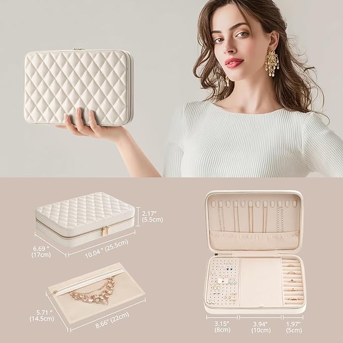 Lolalet Travel Jewelry Case for Women, Travel Jewelry Organizer Box with Mirror & Clear Storage Bag, Small Portable Traveling Earring Necklace Bracelet Ring Case, Bridesmaid Gifts -Large, White