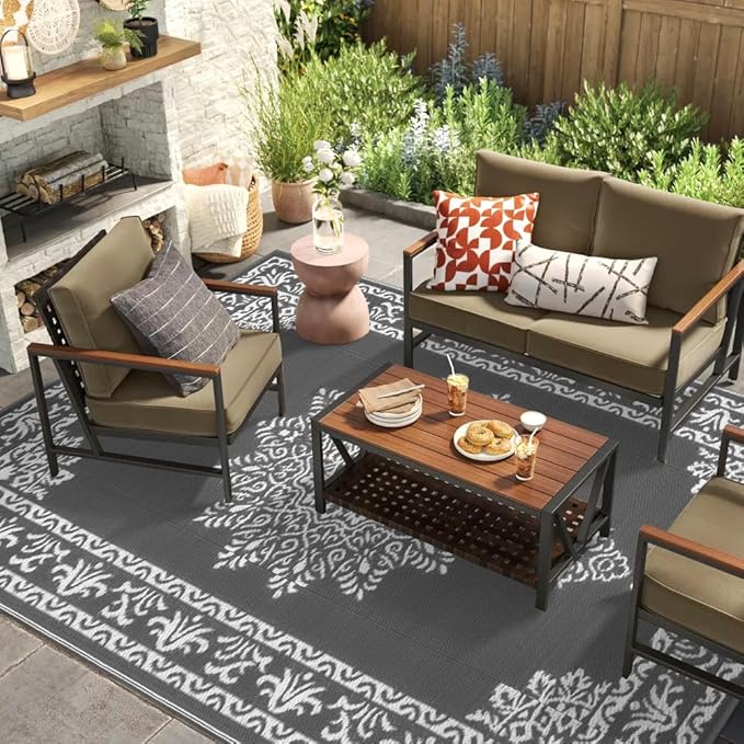 Yamaziot Outdoor Rug 9x12 Ft, Waterproof Plastic Straw Patio Rug, Reversible Backyard Carpet UV Resistant Portable RV Mat Clearance, Large Indoor Outdoor Rug for Patio, Porch, Deck, Balcony, Dark Gray