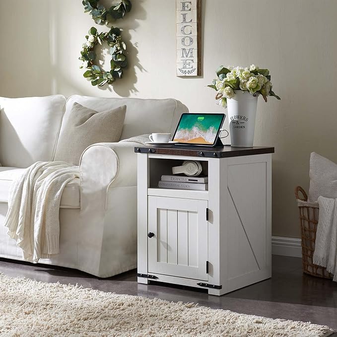 Farmhouse Nightstand with Charging Station, 20" Rustic End Table w/Barn Door, Wood Sofa Side Bedside Table w/Open Shlef & Stroage Cabinet for Bedroom (White)