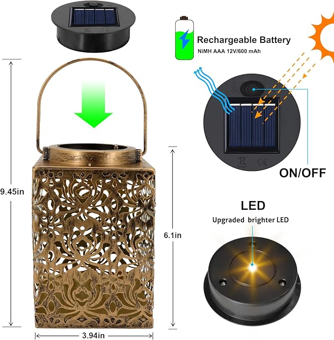 2 Pack Bronze Solar Lanterns - Waterproof Metal Hanging Solar Lights Outdoor Decorative, Solar Powered LED Lamp for Patio Tabletop Porch Deck Yard Garden Decor for Outside (Rose)