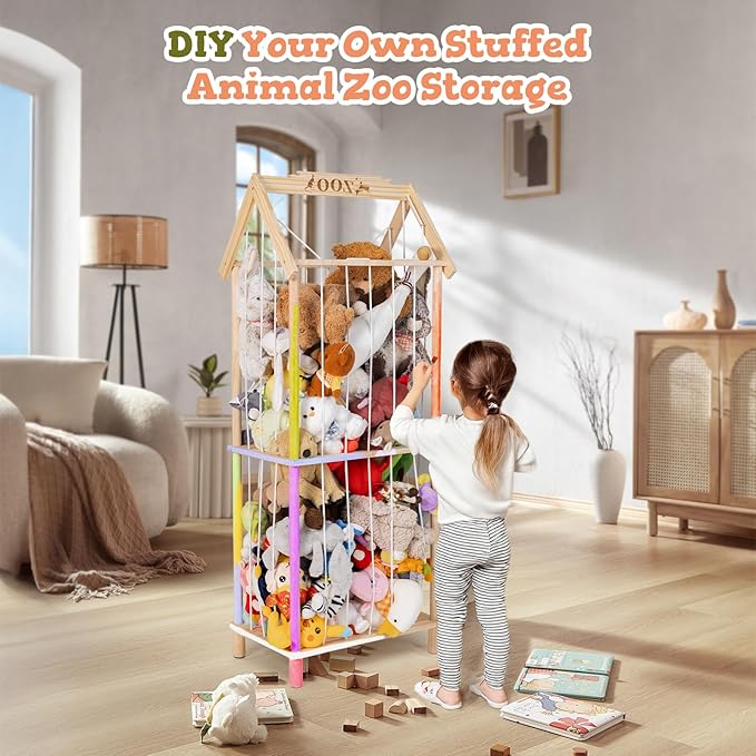 Stuffed Animal Storage, Wooden Stuffed Animal Holder Stuffed Animal Zoo Organizer Cage with Large Capacity, Using for Storing Plushies on Nursery Playroom Bedroom Decor Corner