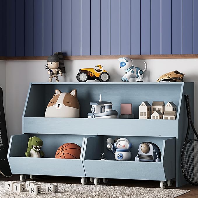 Toy Storage and Organizer for Kid, Boys and Girls Muti-Functional Bookcase and Storage Bin with Moveable Drawers, Children Toddler Storage Carbinet for Playroom, Bedroom, Nursery Sky Blue