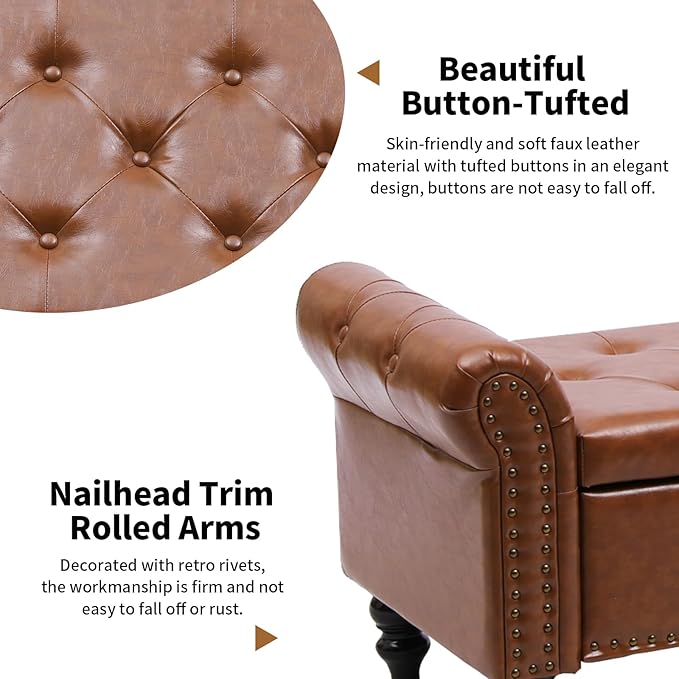Storage Ottoman Bench with Arms, Faux Leather End of Bed Bench for Bedroom, Button Tufted Storage Bench for Entryway, Living Room, Large Storage Bench Foot Rest (New Brown)