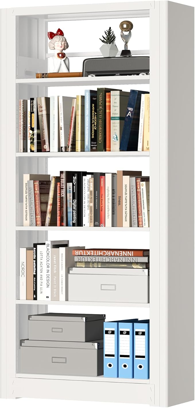 Book Shelf,5-Tier White Bookshelf, Office Bookcases and Bookshelves,Tall Metal Storage Organizer,Freestanding Bookshelf for Library,Living Room,Home Office (W:23.6")