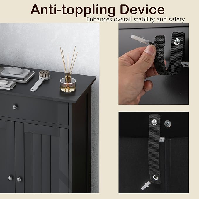 Tangkula Bathroom Storage Cabinet, Freestanding Floor Organizer w/ 2 Doors, 1 Drawer & 1 Adjustable Shelf, Modern Home Bathroom Furniture for Living Room Entryway Kitchen (Cabinet & Drawer, Black)