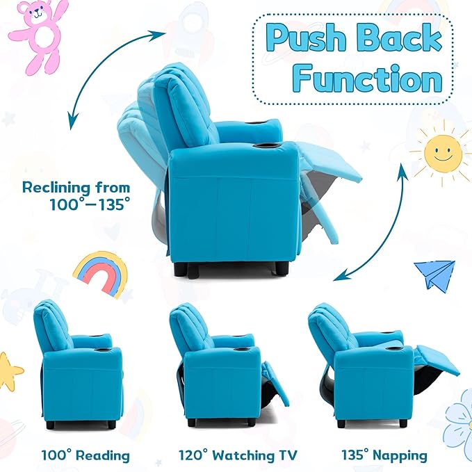 AVAWING Toddler Recliner, Double Children Couch with Cup Holder, PU Leather Kids Sofa, Kids Loveseat w/Adjustable Footrest & Headrest for Boys and Girls 3+ Age Group, Blue
