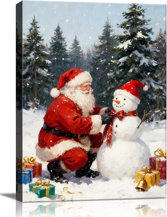 Vintage Santa Claus with Snowman Christmas Canvas Wall Art - Rustic Winter Scene Framed Print for Livingroom & Bedroom, Cozy Farmhouse Christmas Wall Art, Unique Christmas Gifts & Festive Decorations