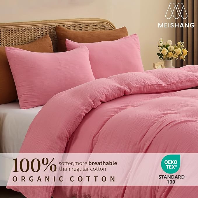 MEISHANG Muslin Duvet Cover Queen Size - 100% Organic Cotton, Soft Textured Gauze Weave Comforter Cover for Breathable All-Season with Zipper Closure - 3 Piece Set (Queen, Pink)