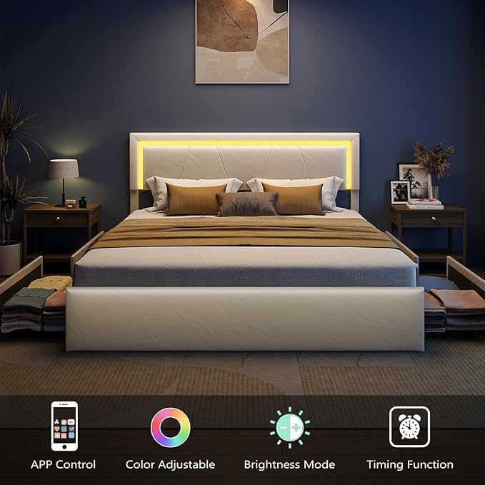 Queen Size Bed Frame with Adjustable Headboard, Upholstered Platform Bed with 4 Storage Drawers, Wooden Slats Support, Built in Charging Station & LED, Noise-Free, No Box Spring Needed, Beige