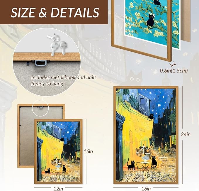 FASWQ Whimsical Black Cat Wall Art, Van Gogh Matisse Picasso Wall Decor, Funny Bathroom Canvas Paintings, Cute Animal Aesthetic Pictures for Living Room Kids' Room Wood Framed Ready to Hang 12"x16"x3