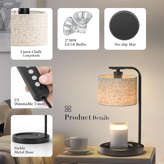 Black Candle Warmer Lamp with Timer Dimmer, Electric Candle Warmer Wax Heater, Birthday Gifts for Women Her Mom, House Warming Gifts New Home