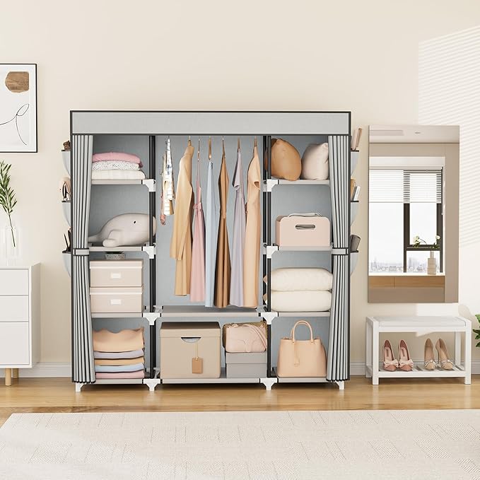 VTRIN Portable Closet Wardrobe for Hanging Clothes 57.3 Inch Large Capacity Clothes Rack with Cover, 10 Storage Organizer Shelves, 1 Hanging Rods and 6 Pockets, Free Standing Closet for Bedroom, Grey