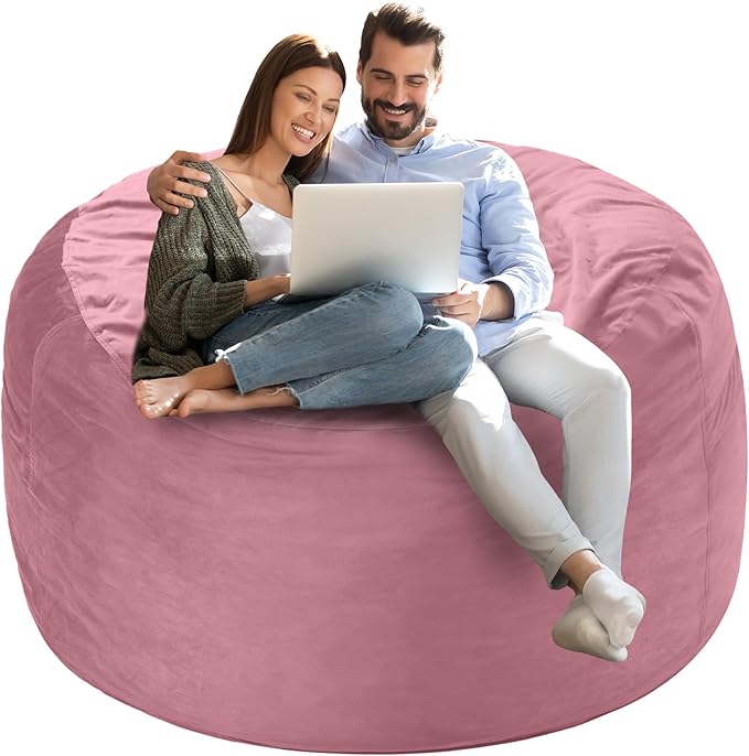 Homguava 4 FT Bean Bag Chair: 4' Bean Bags with Memory Foam Filled, Large Beanbag Chairs Soft Sofa with Dutch Velvet Cover-Dusty Pink