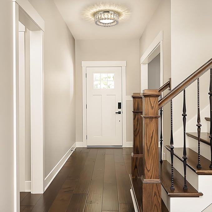 Dimmable Crystal Modern LED Flush Mount Ceiling Light,Chrome 11 Inch Small Chandelier 24W 5CCT 3000K-6000K Hallway Close to Ceiling Light Fixtures for Kitchen,Entryway,Laundry Room,Bedroom