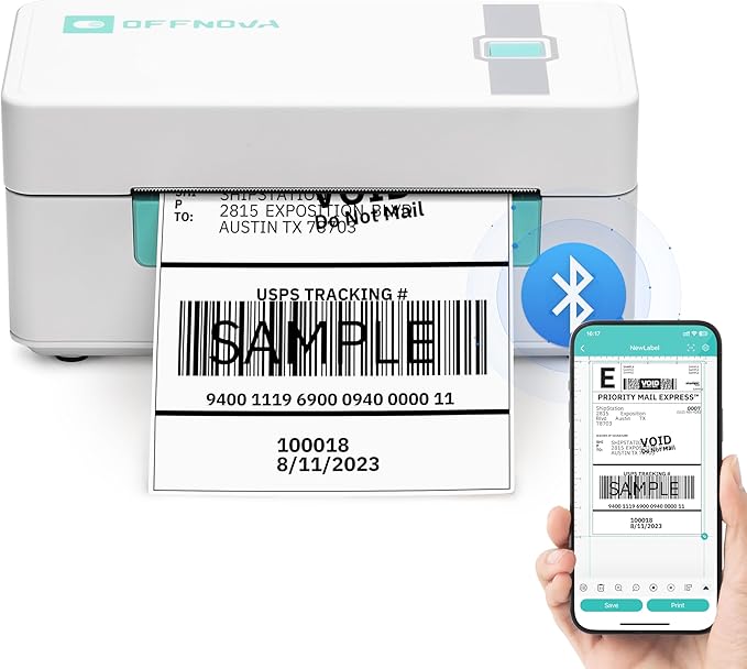 OFFNOVA Shipping Label Printer, Bluetooth Thermal Label Printer 4x6 for Small Business and Shipping Packages, Supports Windows Mac iOS Android, Works with USPS Ebay Shopify Etsy